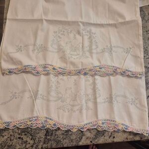 Pillowcases (2) White Cotton, Vintage, Crocheted Edge and Iron on Design that ne